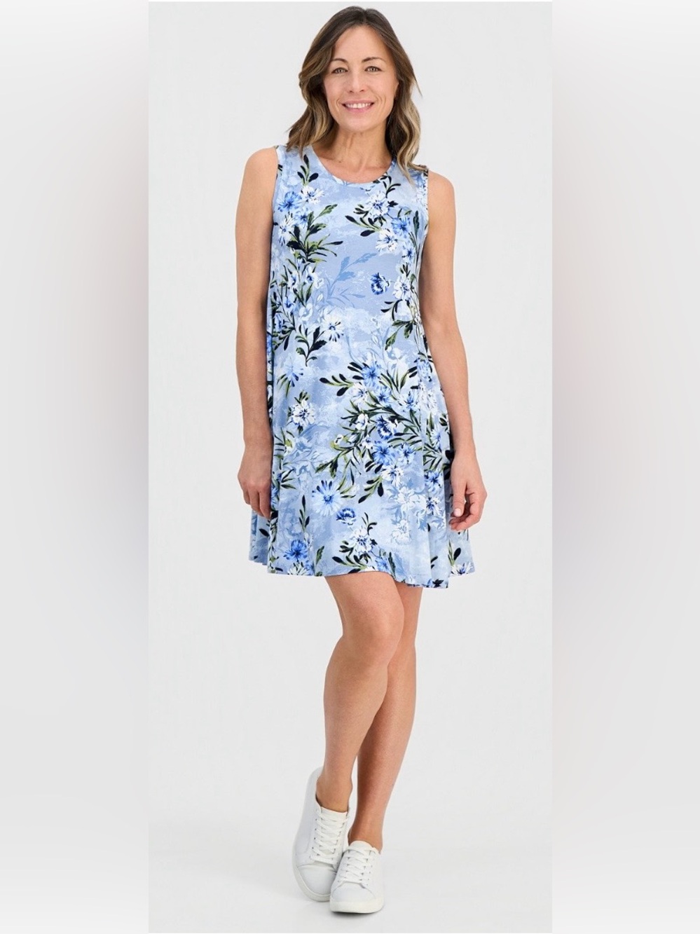 Style & Co. Light Blue Floral Sleeveless Sundress Dress w/ Navy & Green Accents